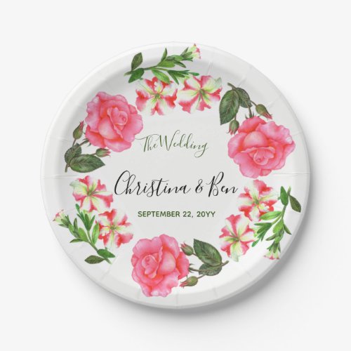 Watercolor Pink Flowers Wreath Circle Paper Plates