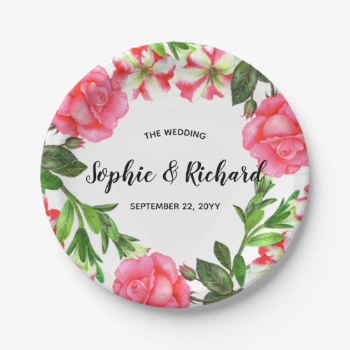Watercolor Pink Flowers Wreath Circle Paper Plates