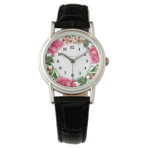 Watercolor Pink Flowers Wreath Circle Watch
