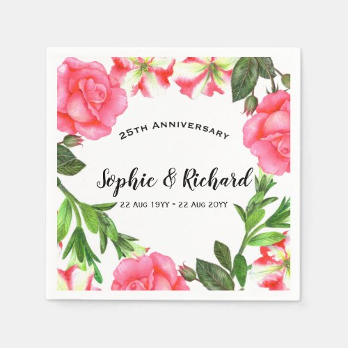 Watercolor Pink Flowers Wreath Design Napkins