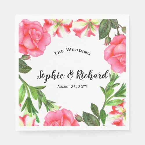 Watercolor Pink Flowers Wreath Design Napkins