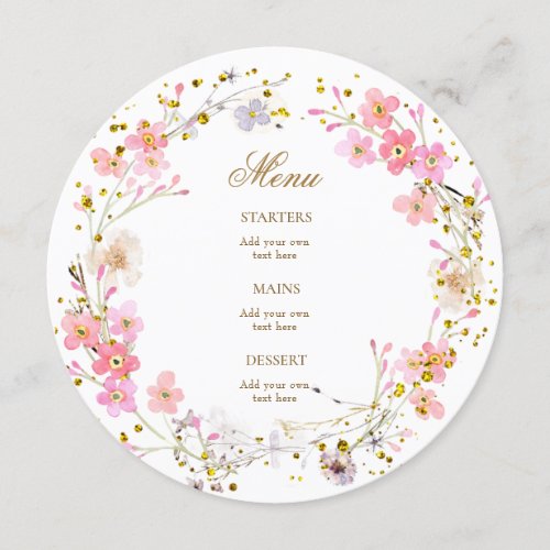 watercolor pink flowers wreath menu