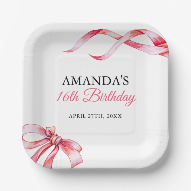 Watercolor Pink Flowing Ribbon Sweet 16 Birthday Paper Plates (Front)