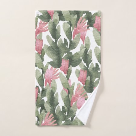 Watercolor Pink Gable Green Abstract Cactus Floral Hand Towel