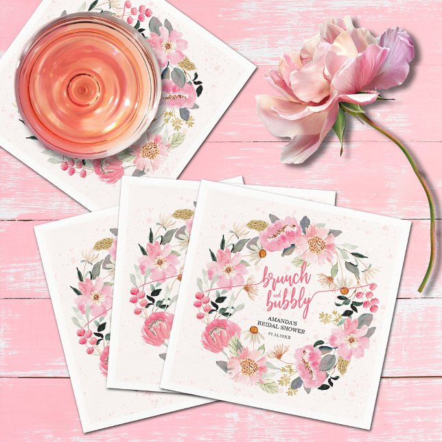Watercolor Pink Garden Flowers Bridal Shower Napkins (Watercolor -pink garden flowers bridal shower bunch and bubbly cocktail napkins)