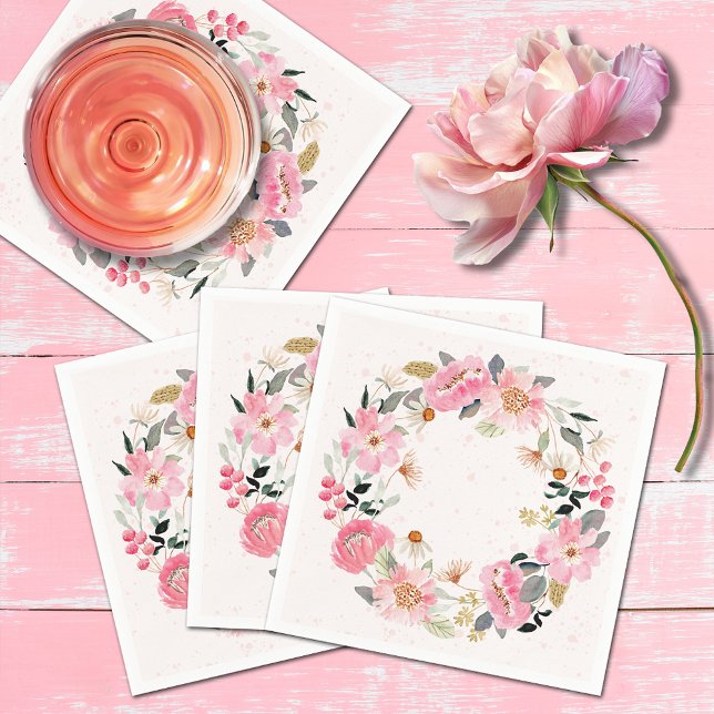 Watercolor Pink Garden Flowers Napkins (Watercolor pink garden flowers bridal shower napkins)