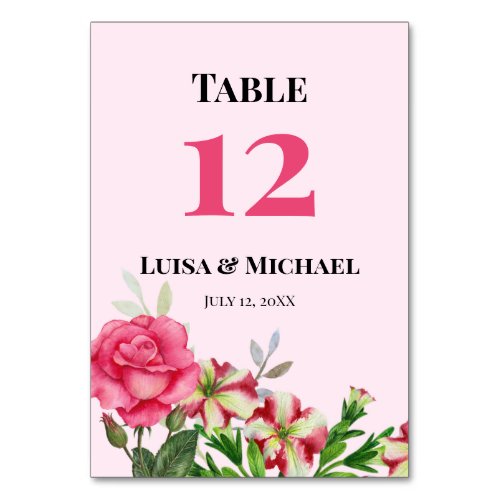 Watercolor Pink Garden Flowers Wedding Arrangement Table Number