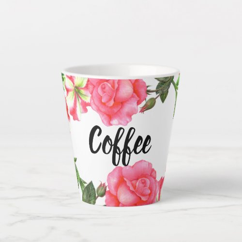Watercolor Pink Garden Flowers Wreath Design Latte Mug