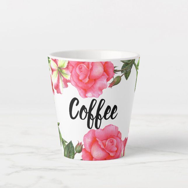 Watercolor Pink Garden Flowers Wreath Design Latte Mug (Front)