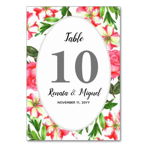 Watercolor Pink Garden Flowers Wreath Design Table Number