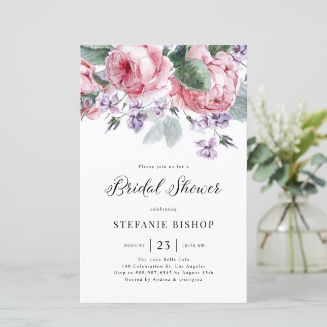 Watercolor Pink Garden Roses Bridal Shower Invite (Standing Front)