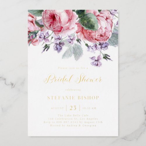 Watercolor Pink Garden Roses Spring Bridal Shower Foil Invitation