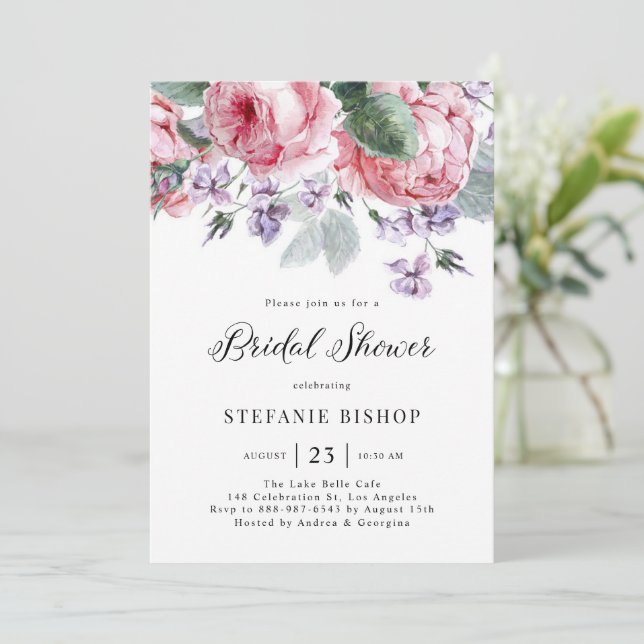 Watercolor Pink Garden Roses Spring Bridal Shower Invitation (Standing Front)
