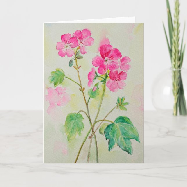Watercolor Pink Geranium Greeting Card (Front)