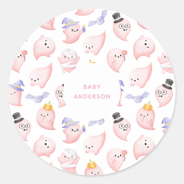 Watercolor Pink Ghosts Halloween Baby Shower Classic Round Sticker (Front)