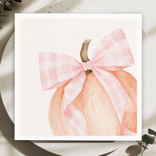 Watercolor Pink Gingham Bow Pumpkin Baby Shower Napkins