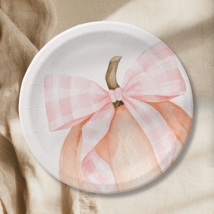 Watercolor Pink Gingham Bow Pumpkin Baby Shower Paper Plates