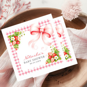 Watercolor Pink Gingham Bow Strawberry Baby Shower Napkins