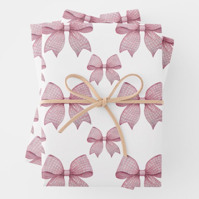 Watercolor Pink Gingham Bow Wrapping Paper Sheets (In situ)