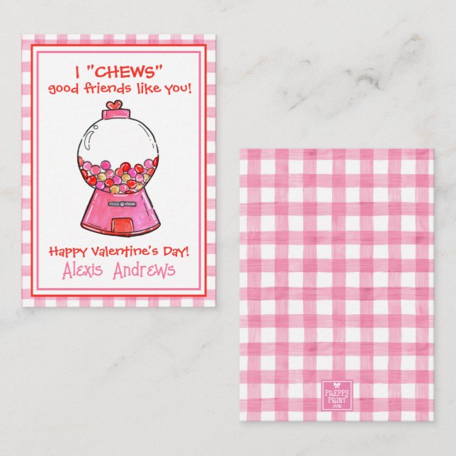 Watercolor Pink Gingham Gumballs Valentine's Cards (Front/Back)