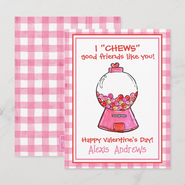 Watercolor Pink Gingham Gumballs Valentine's Cards (Front/Back)