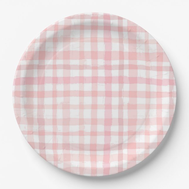 Watercolor Pink Gingham Paper Plates (Front)