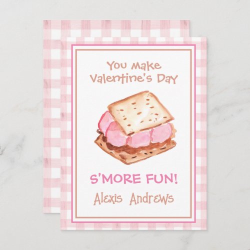 Watercolor Pink Gingham Smores Valentines Cards