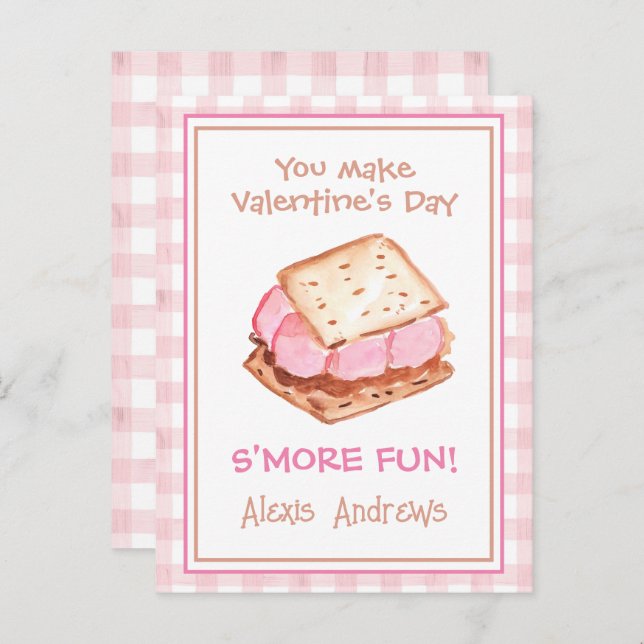 Watercolor Pink Gingham S'mores Valentine's Cards (Front/Back)