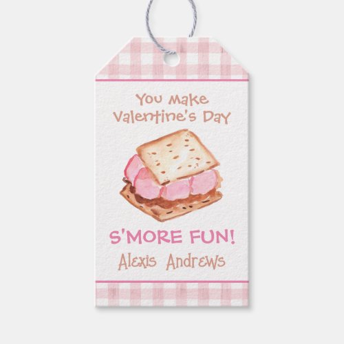 Watercolor Pink Gingham Smores Valentines Gift Tags