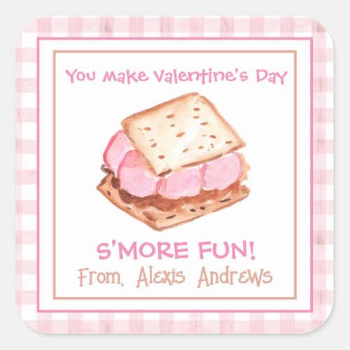 Watercolor Pink Gingham Smores Valentines Square Sticker