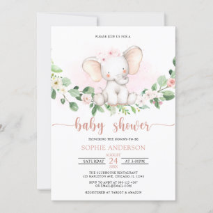 Watercolor Pink Girl Baby Elephant Baby Shower Invitation