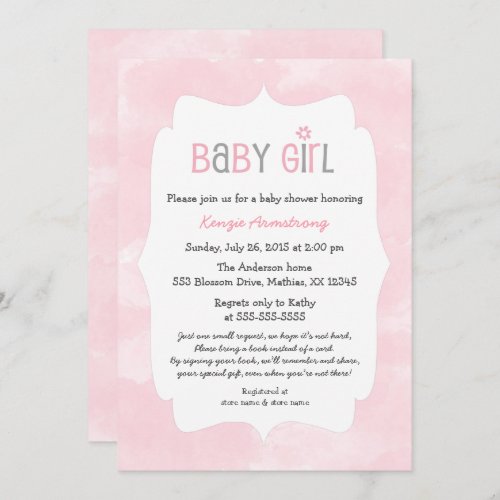 Watercolor Pink Girl Baby Shower  bring a book Invitation