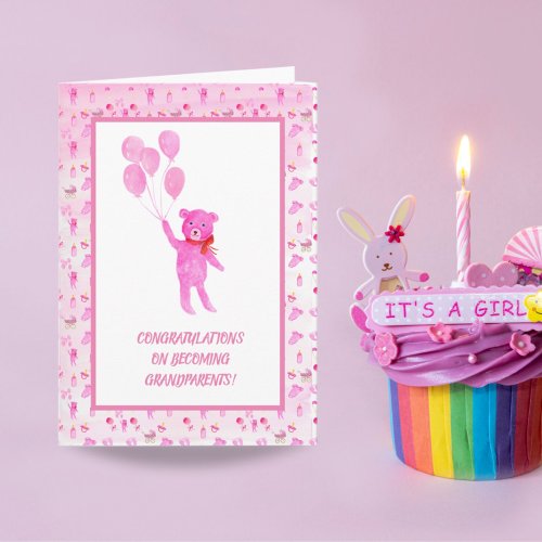 Watercolor Pink Girl Teddy Bear Grandparents Card