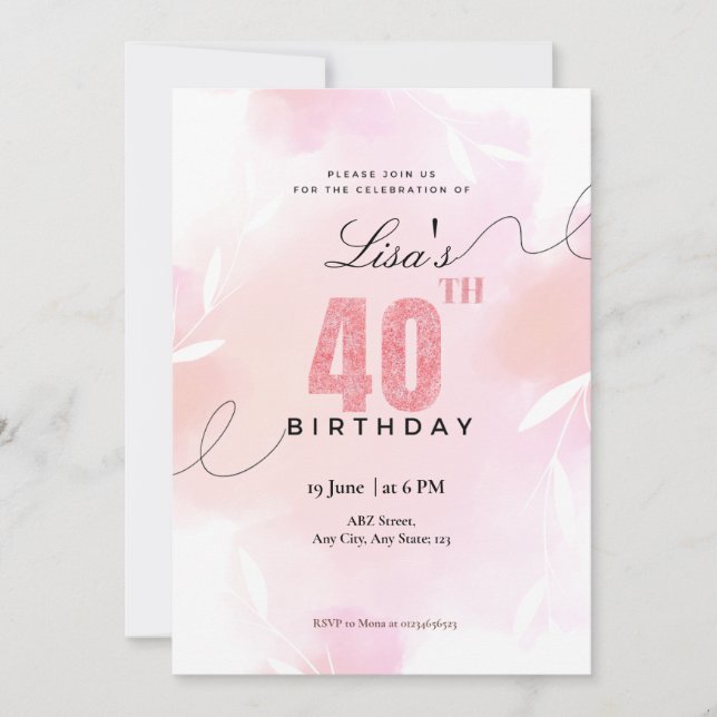 Watercolor Pink glitter 40th birthday  Invitation (Front)