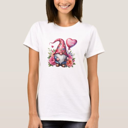 Watercolor pink gnome with balloon I love my mom T_Shirt