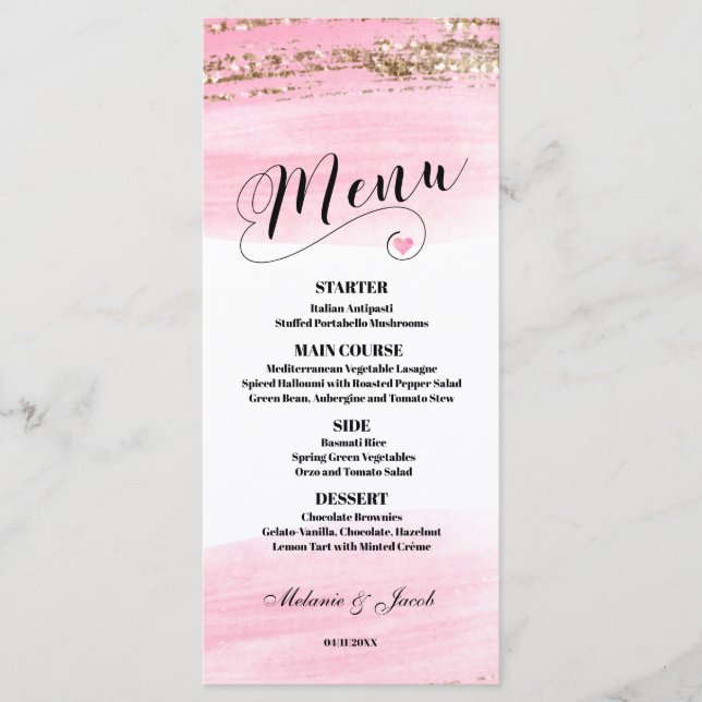 Watercolor Pink Gold 4x9 flat Menu Card (Front)