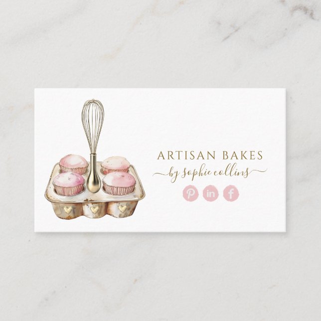 Watercolor Pink Gold Baker Bakery Pastry Chef Business Card (Front)