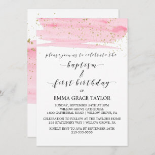 Watercolor Pink & Gold Baptism & 1st Birthday Invitation