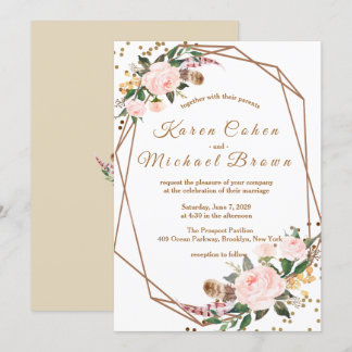 Watercolor Pink & Gold Boho Chic Floral Wedding Invitation