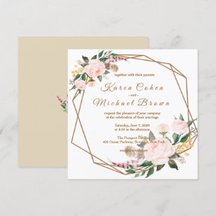 Watercolor Pink & Gold Boho Chic Floral Wedding Invitation
