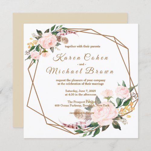 Watercolor Pink  Gold Boho Chic Floral Wedding Invitation