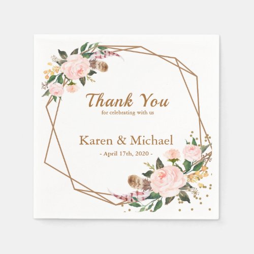 Watercolor Pink  Gold Boho Chic Floral Wedding Napkins