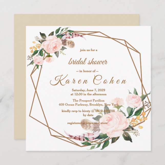 Watercolor Pink Gold Boho Floral Bridal Shower Invitation (Front/Back)