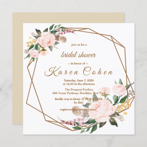 Watercolor Pink Gold Boho Floral Bridal Shower Invitation
