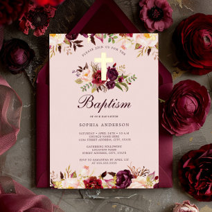 Watercolor Pink Gold Burgundy Floral Baptism Foil Invitation