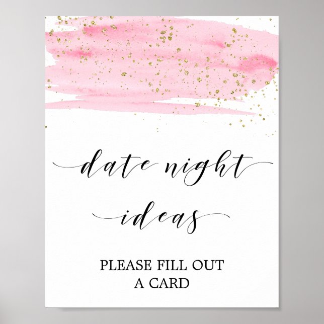Watercolor Pink & Gold Date Night Ideas Sign (Front)
