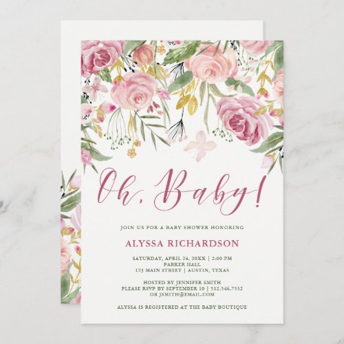 Watercolor Pink  Gold Floral Baby Shower Oh Baby Invitation