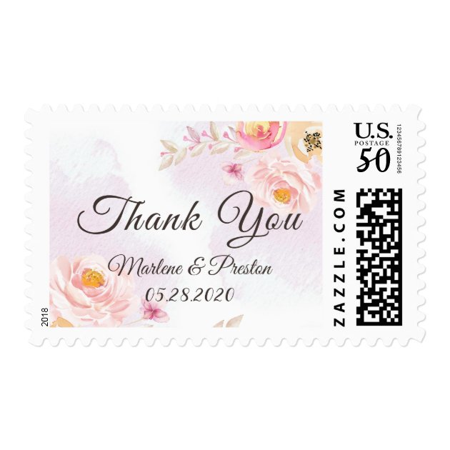 Watercolor Pink & Gold Floral Thank You Wedding Postage