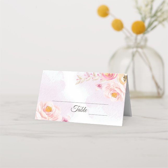Watercolor Pink & Gold Floral Wedding Place Card (Front)