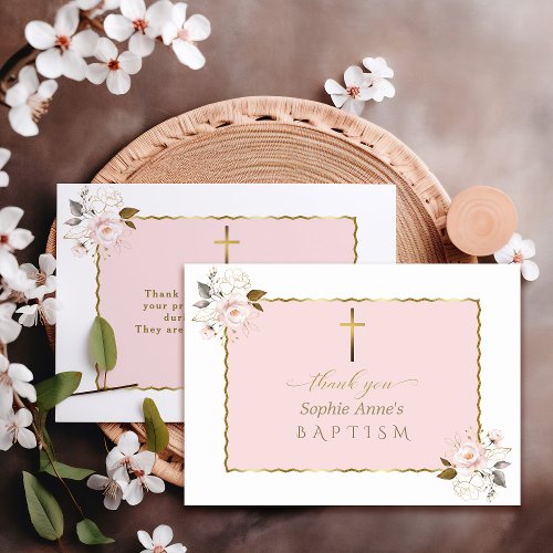 Watercolor Pink Gold Flowers Girl Baptism Thank You Card